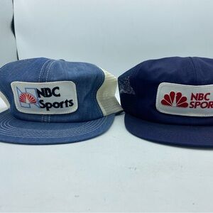 2 Vintage NBC Sports Patch Snapback Hat Trucker Mesh Cap USA K-Brand Denim/Navy